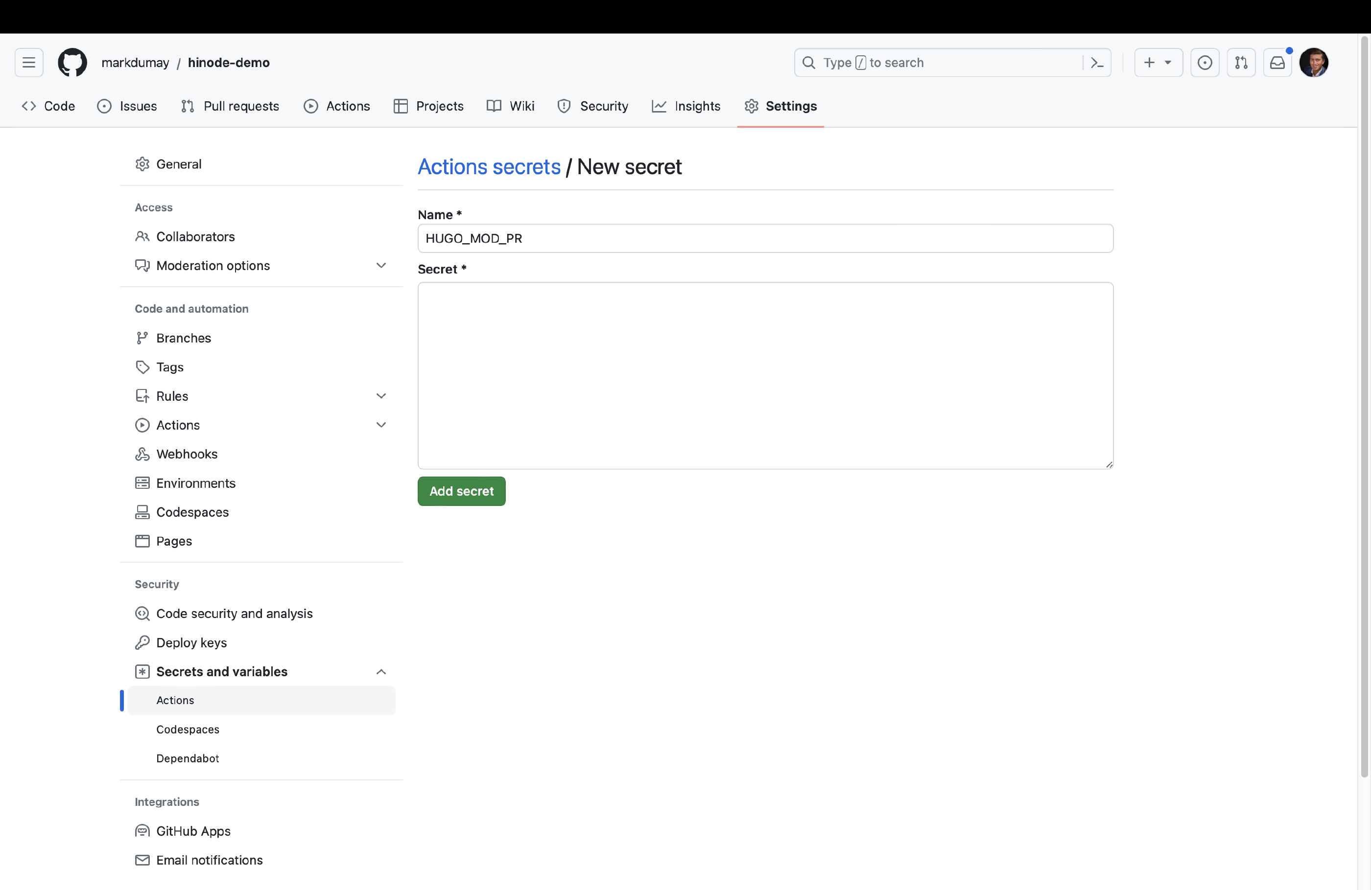 Step 7. Define the action secret HUGO_MOD_PR